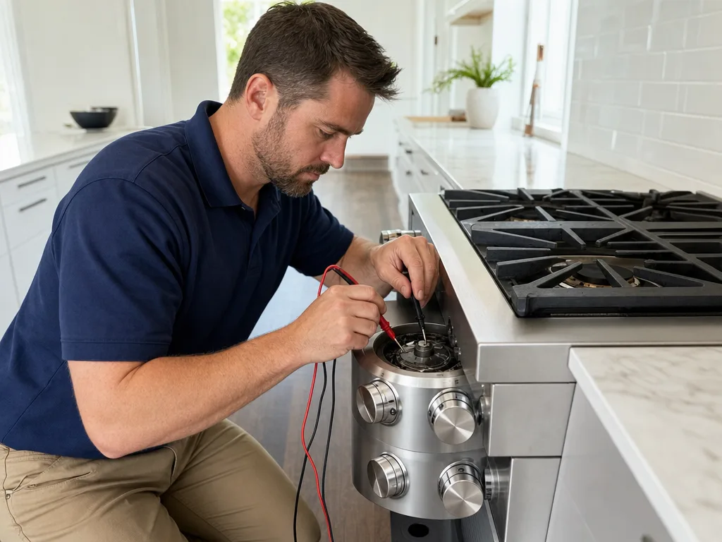 Technician testing a DCS cooktop's igniter with the burner cap removed in a Los Angeles kitchen