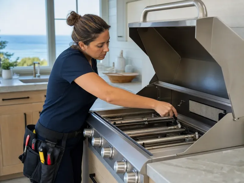 Technician inspecting a DCS outdoor grill's burner and igniter with the grate removed in a Los Angeles kitchen