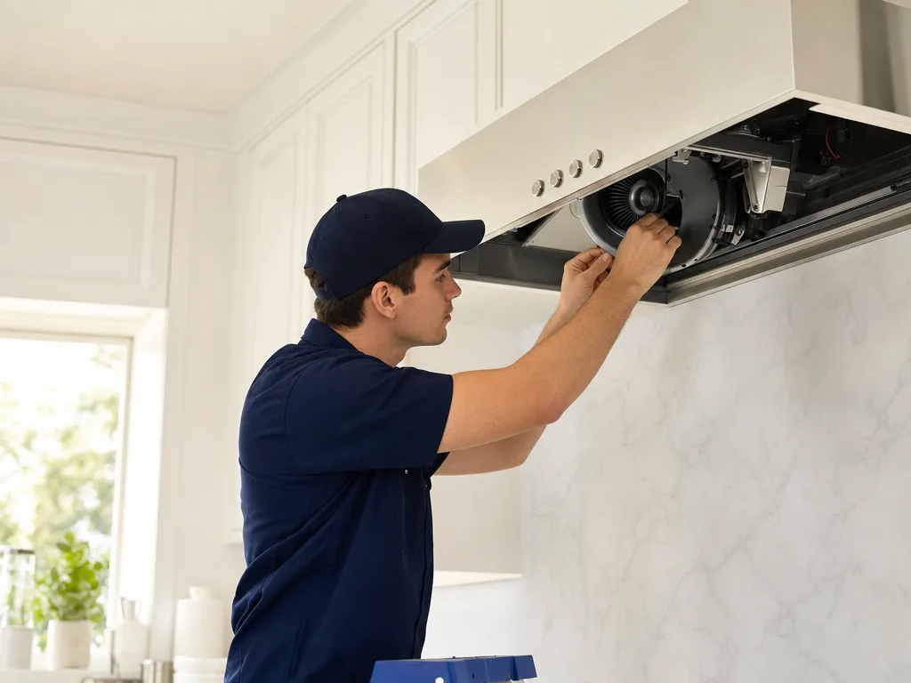 Technician servicing a DCS range hood's motor with the grille removed in a Los Angeles kitchen