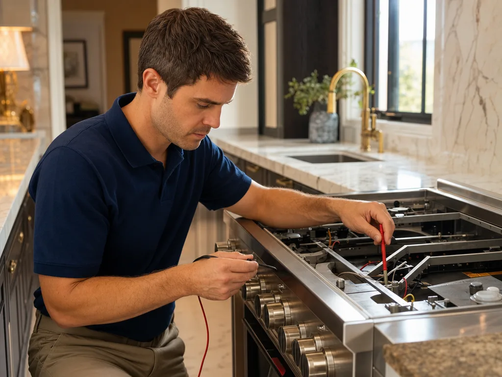 Technician testing a DCS range's igniter with the burner grate removed in a Los Angeles kitchen