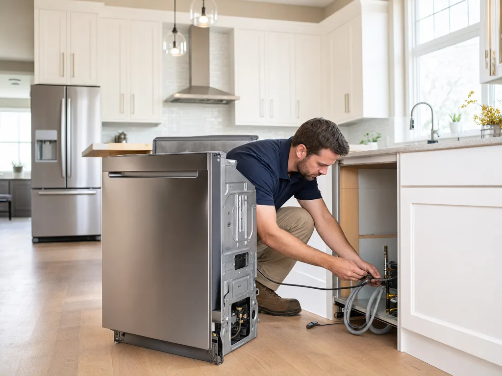 Dishwasher repair technician in Los Angeles — wide shot of a Los Angeles kitchen