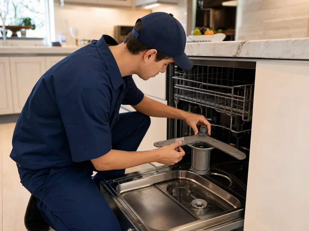 Technician inspecting a GE Monogram dishwasher's spray arm and filter with the door open in a Los Angeles kitchen