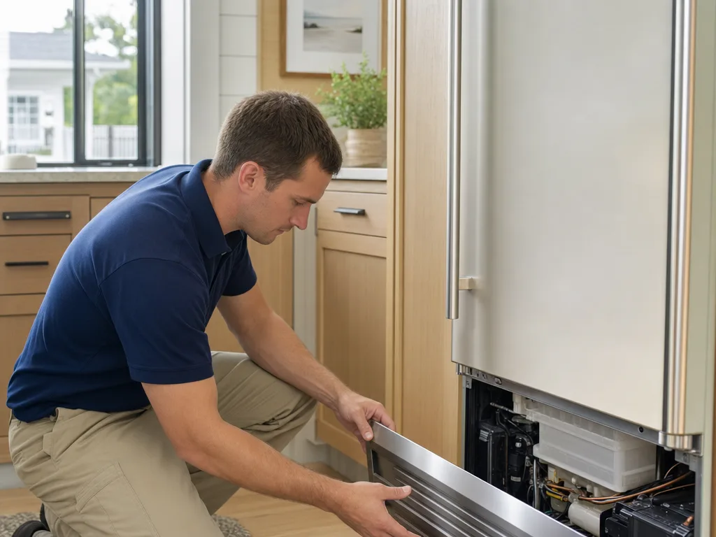 Technician inspecting a GE Monogram freezer column with the front grille removed in a Los Angeles kitchen