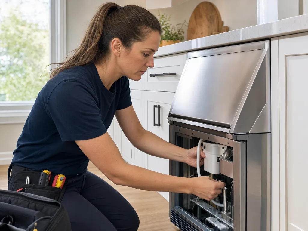 Technician servicing a GE Monogram ice maker unit with the water line exposed in a Los Angeles kitchen