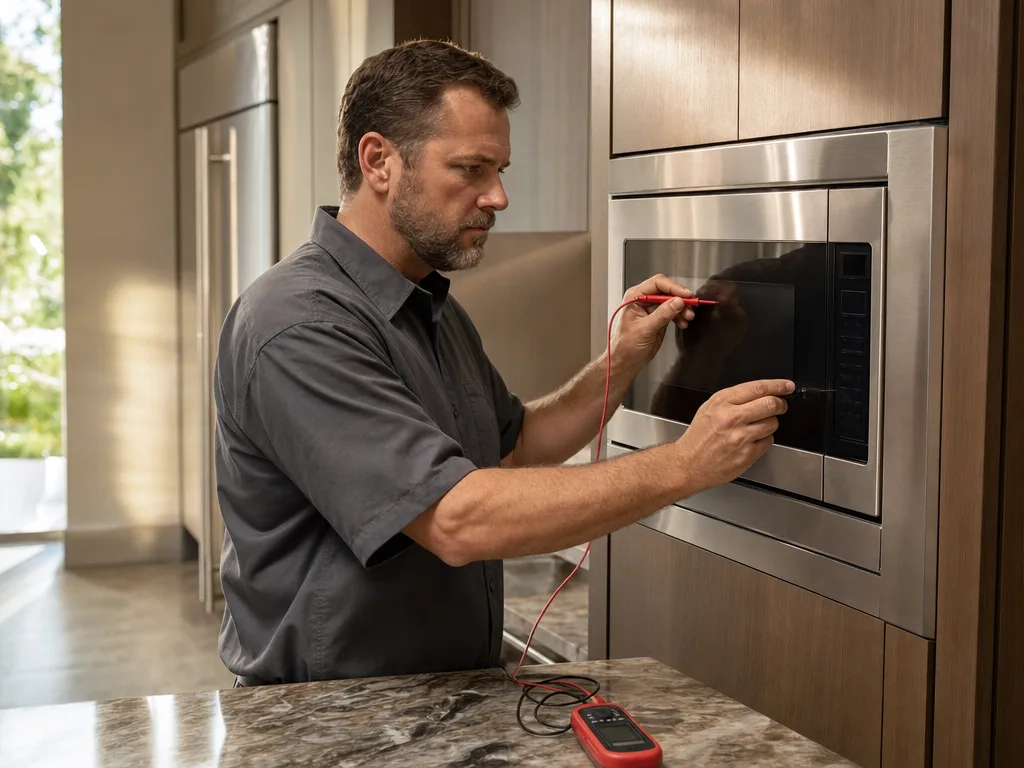Technician testing a GE Monogram built-in microwave's control panel and door latch in a Los Angeles kitchen
