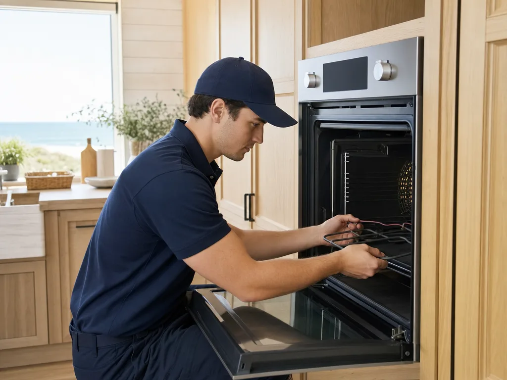 Technician inspecting a GE Monogram wall oven's heating element with the door open in a Los Angeles kitchen