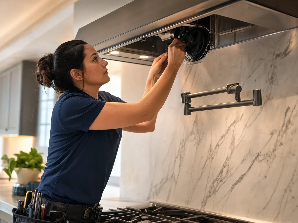 Technician servicing a GE Monogram range hood's motor with the grille removed in a Los Angeles kitchen