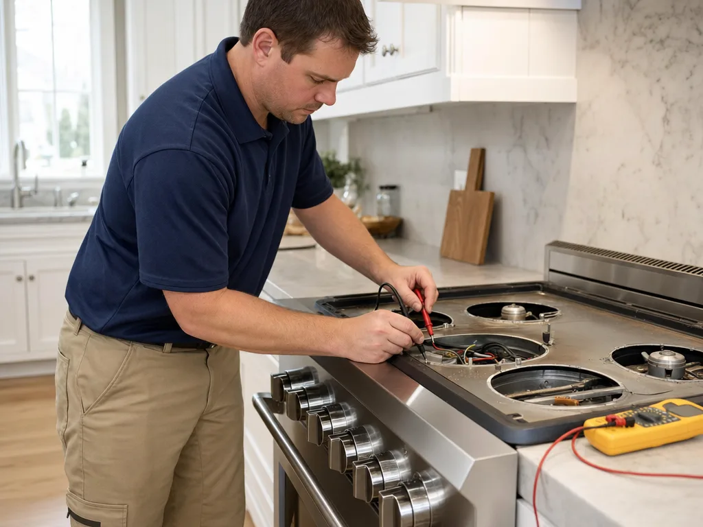Technician testing a GE Monogram range's igniter with the burner grate removed in a Los Angeles kitchen