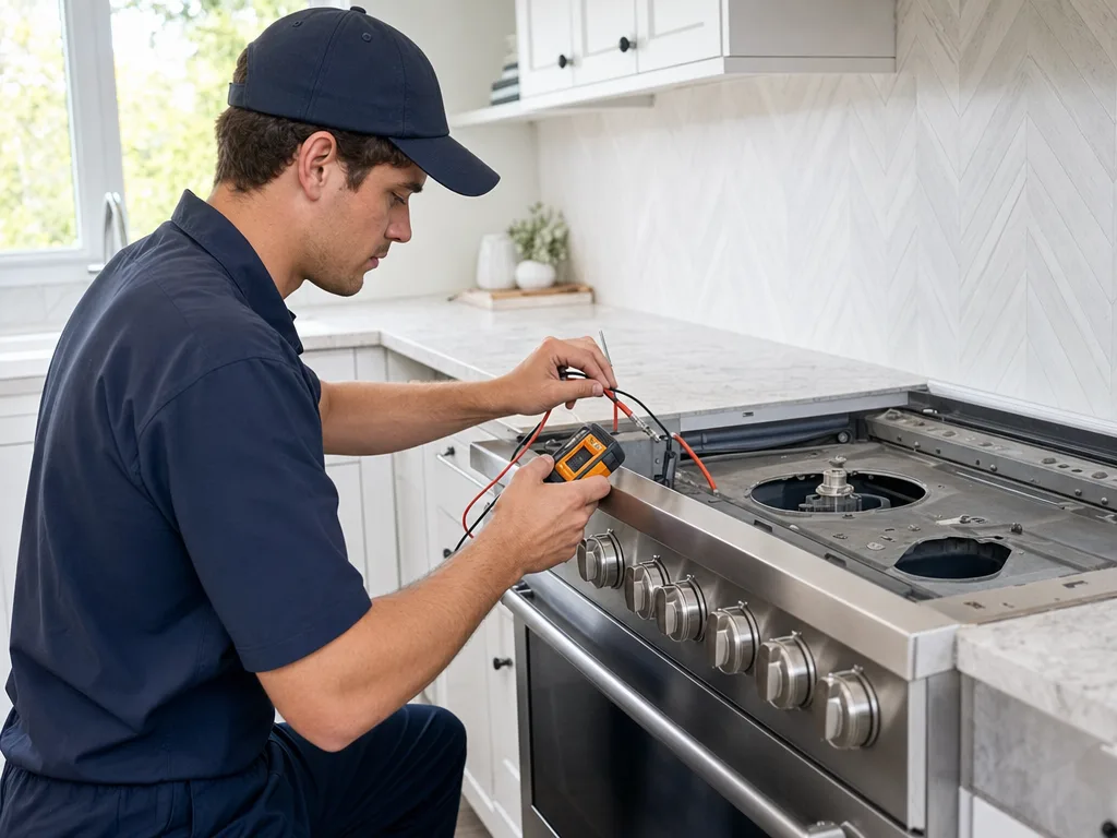 Technician testing a GE Monogram range's igniter with the burner grate removed in a Los Angeles kitchen