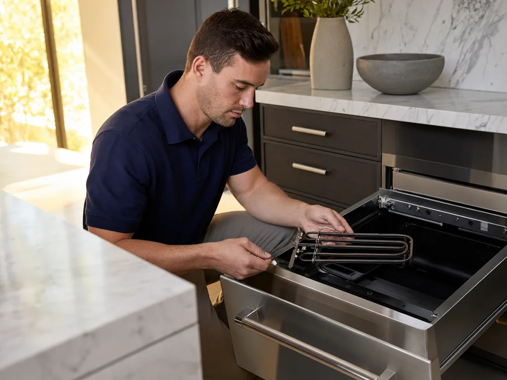 Technician inspecting a GE Monogram warming drawer's heating element, drawer pulled open in a Los Angeles kitchen