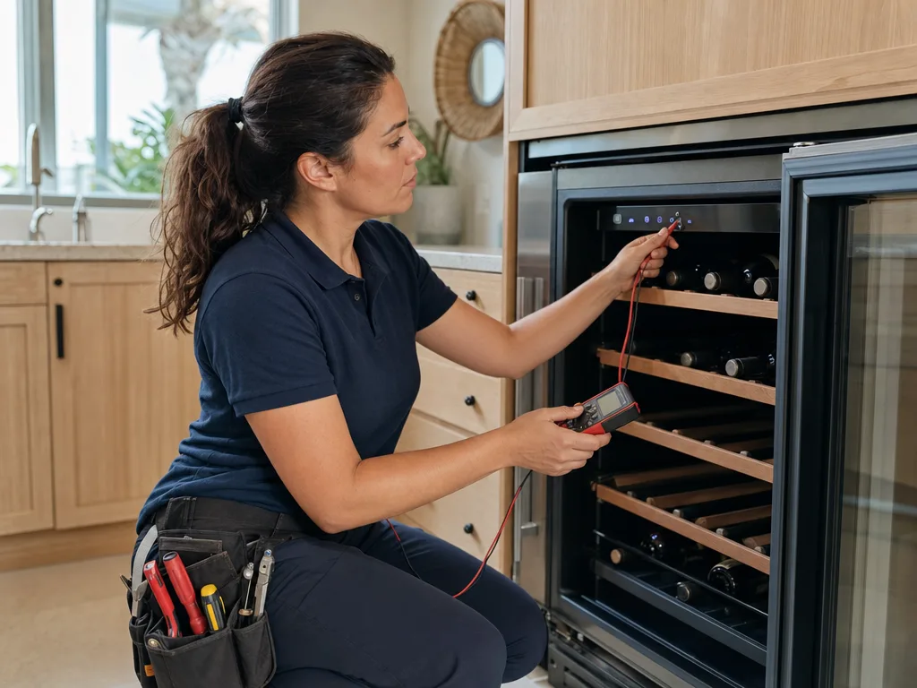 Technician testing a GE Monogram wine cooler's temperature control panel with the door open in a Los Angeles kitchen