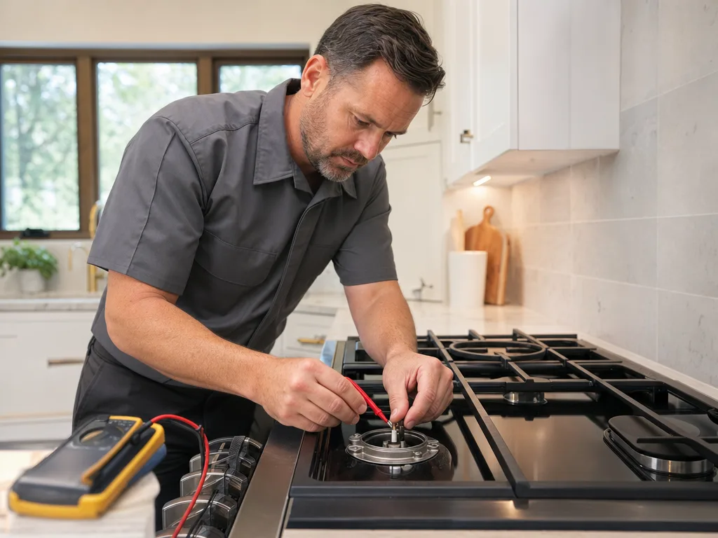 Technician testing a JennAir cooktop's igniter with the burner cap removed in a Los Angeles kitchen