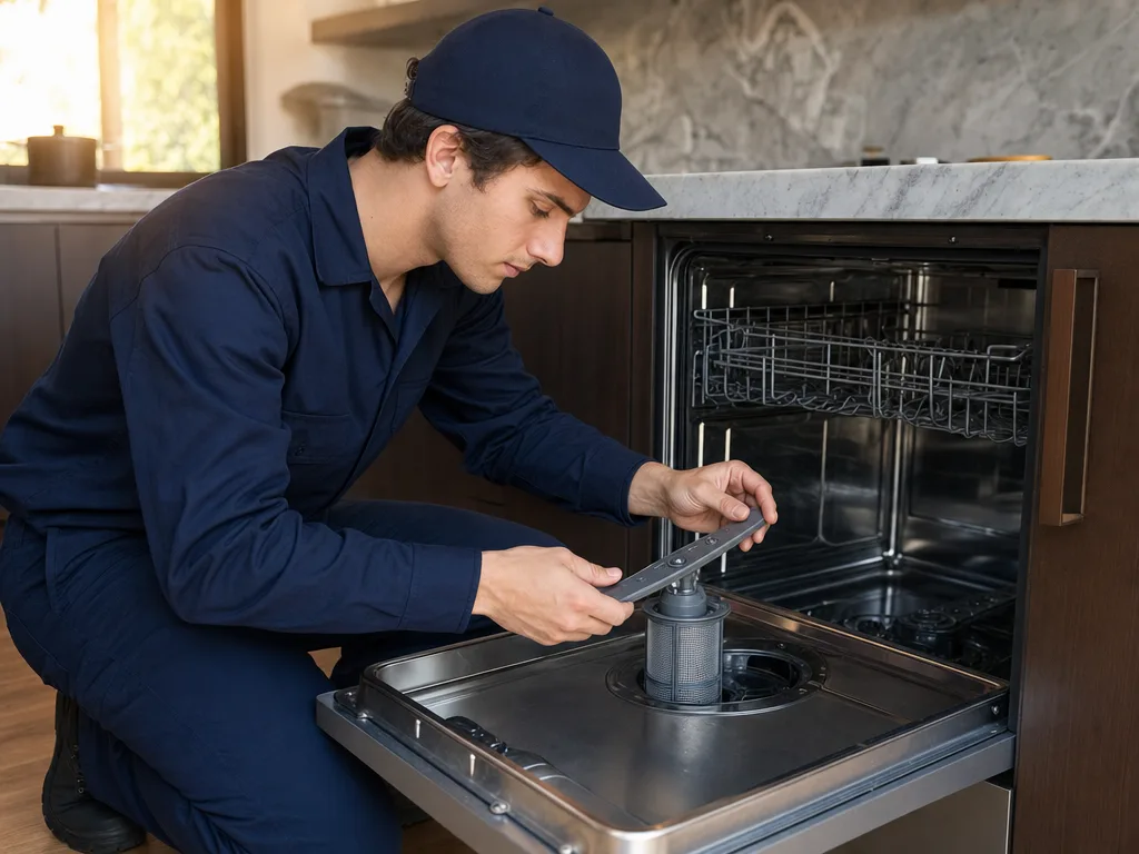 Technician inspecting a JennAir dishwasher's spray arm and filter with the door open in a Los Angeles kitchen