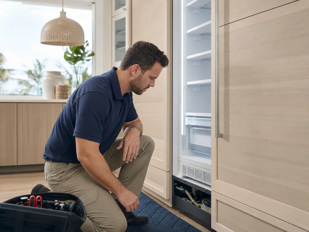 Technician inspecting a JennAir freezer column with the front grille removed in a Los Angeles kitchen