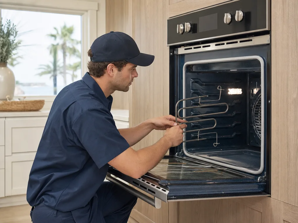 Technician inspecting a JennAir wall oven's heating element with the door open in a Los Angeles kitchen