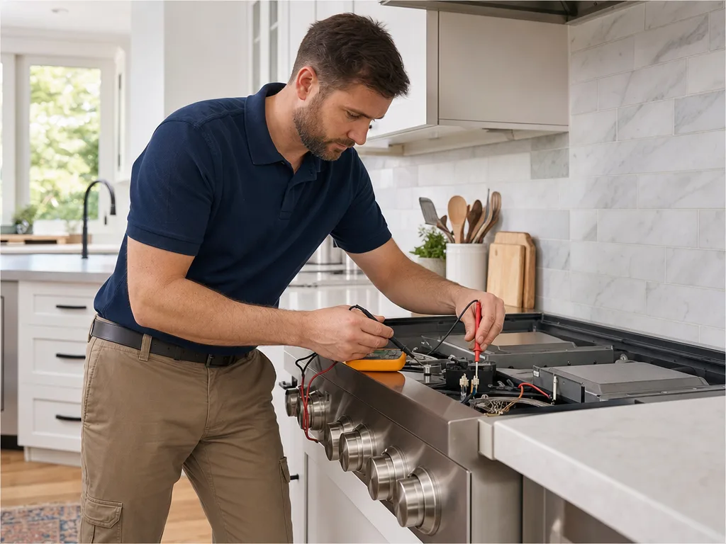 Technician testing a JennAir range's igniter with the burner grate removed in a Los Angeles kitchen