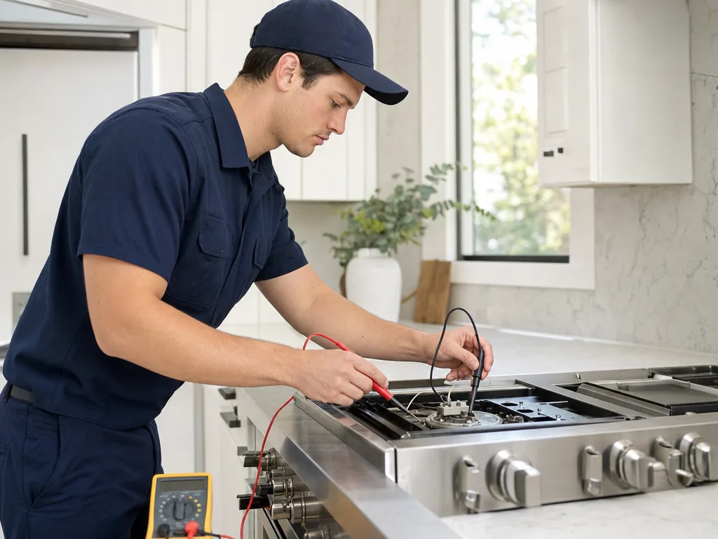Technician testing a JennAir range's igniter with the burner grate removed in a Los Angeles kitchen
