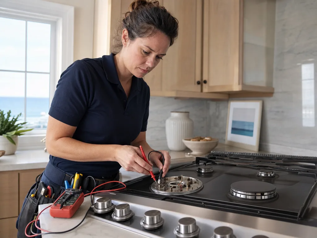 Technician testing a KitchenAid cooktop's igniter with the burner cap removed in a Los Angeles kitchen