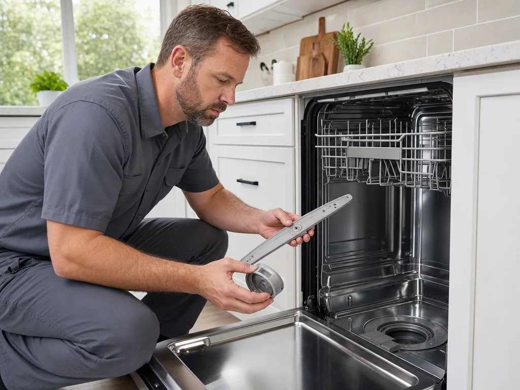 Technician inspecting a KitchenAid dishwasher's spray arm and filter with the door open in a Los Angeles kitchen