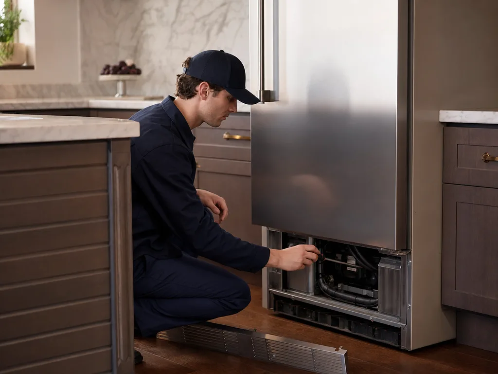 Technician inspecting a KitchenAid freezer column with the front grille removed in a Los Angeles kitchen