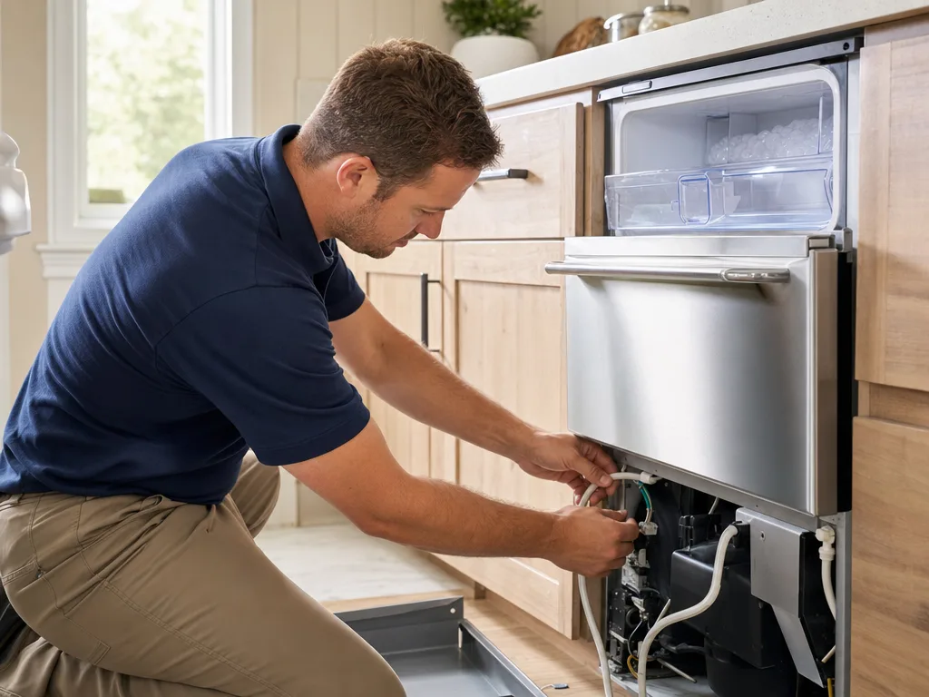 Technician servicing a KitchenAid ice maker unit with the water line exposed in a Los Angeles kitchen