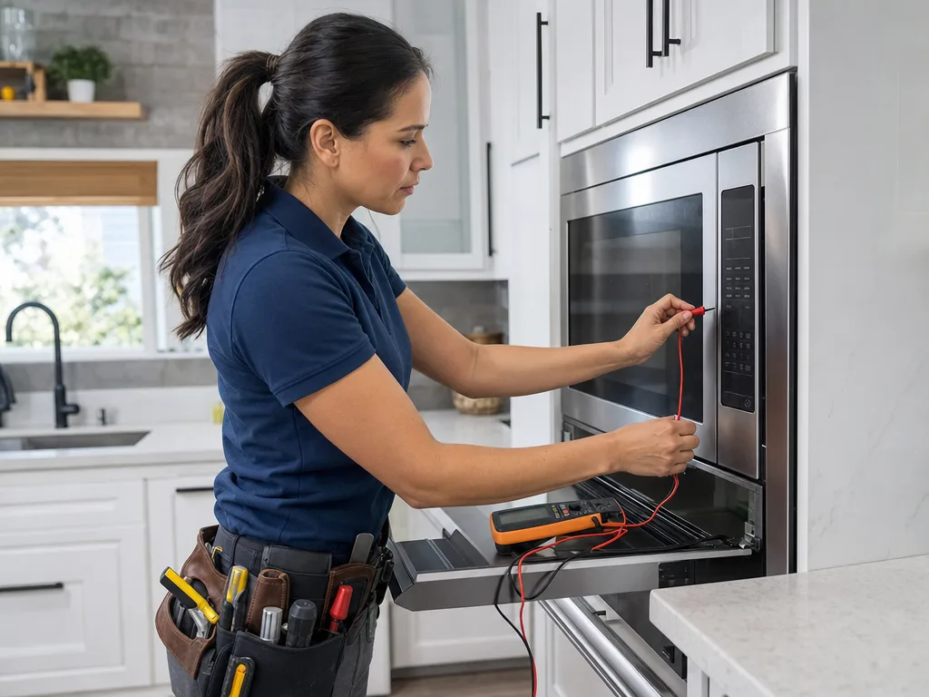 Technician testing a KitchenAid built-in microwave's control panel and door latch in a Los Angeles kitchen