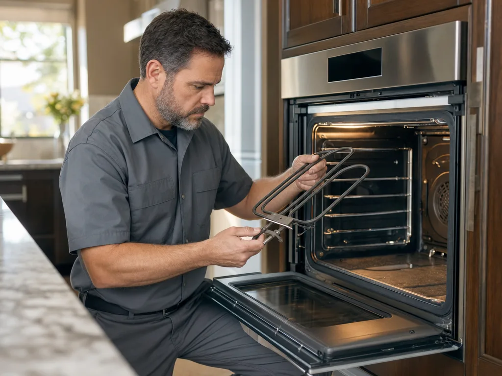 Technician inspecting a KitchenAid wall oven's heating element with the door open in a Los Angeles kitchen