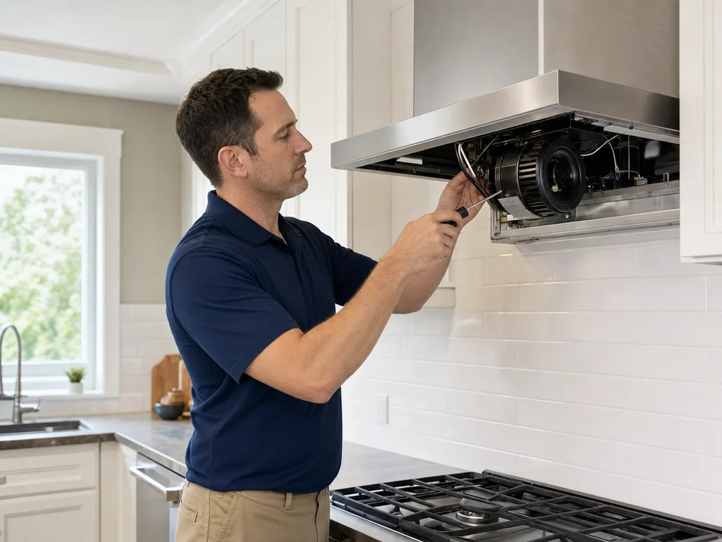 Technician servicing a KitchenAid range hood's motor with the grille removed in a Los Angeles kitchen