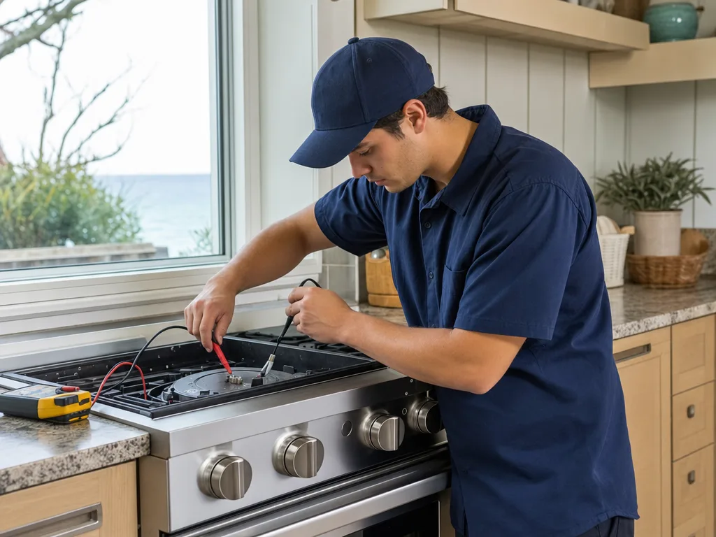 Technician testing a KitchenAid range's igniter with the burner grate removed in a Los Angeles kitchen