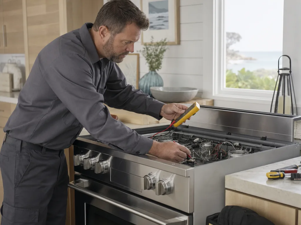 Technician testing a KitchenAid range's igniter with the burner grate removed in a Los Angeles kitchen