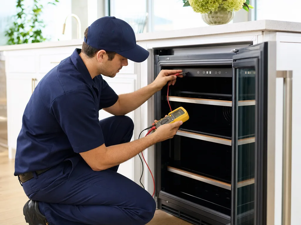 Technician testing a KitchenAid wine cooler's temperature control panel with the door open in a Los Angeles kitchen