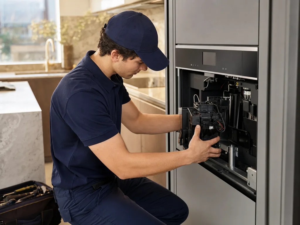Technician servicing a Miele built-in coffee system's brew unit, front panel removed in a Los Angeles kitchen
