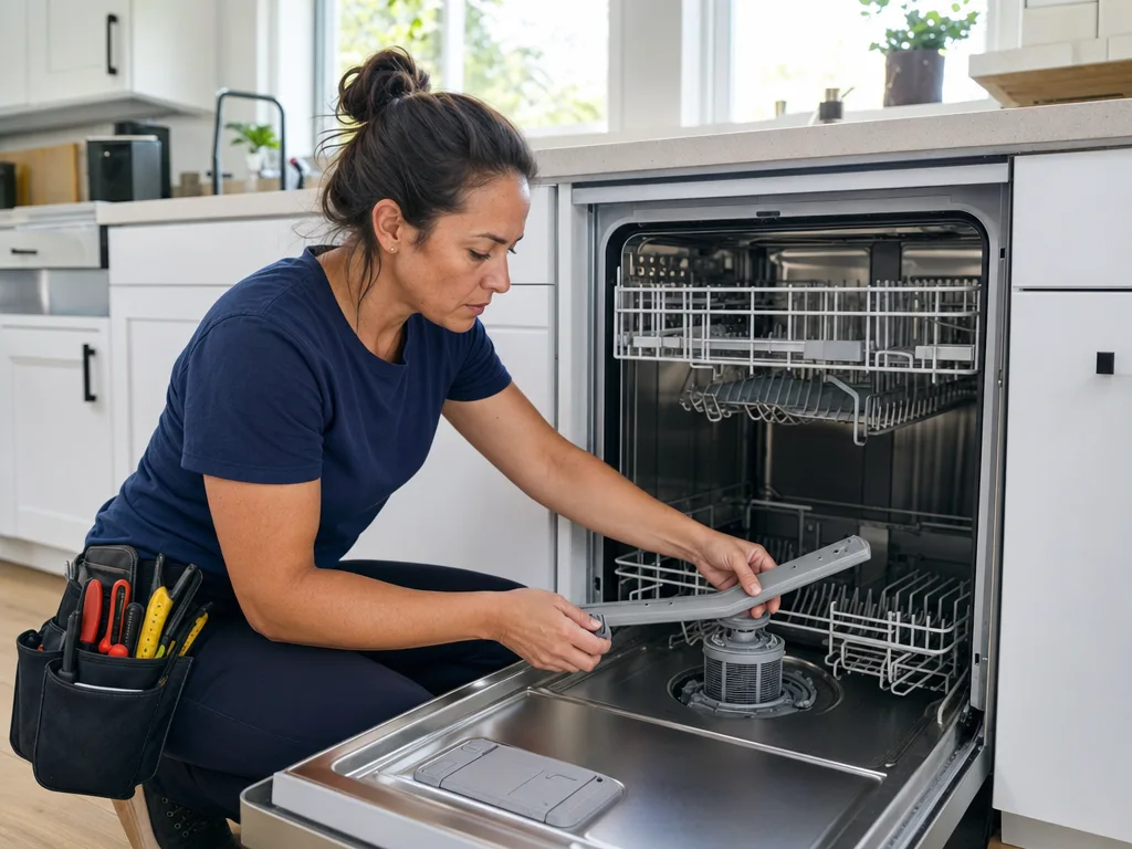 Technician inspecting a Miele dishwasher's spray arm and filter with the door open in a Los Angeles kitchen