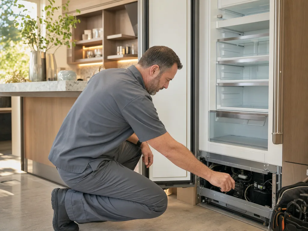 Technician inspecting a Miele freezer column with the front grille removed in a Los Angeles kitchen