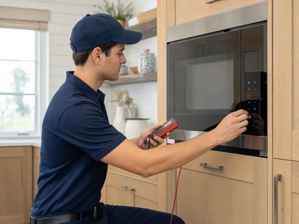 Technician testing a Miele built-in microwave's control panel and door latch in a Los Angeles kitchen