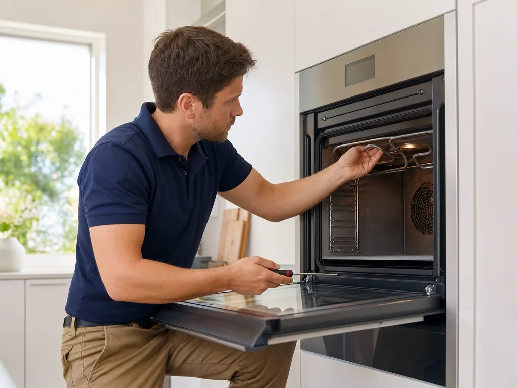 Technician inspecting a Miele wall oven's heating element with the door open in a Los Angeles kitchen