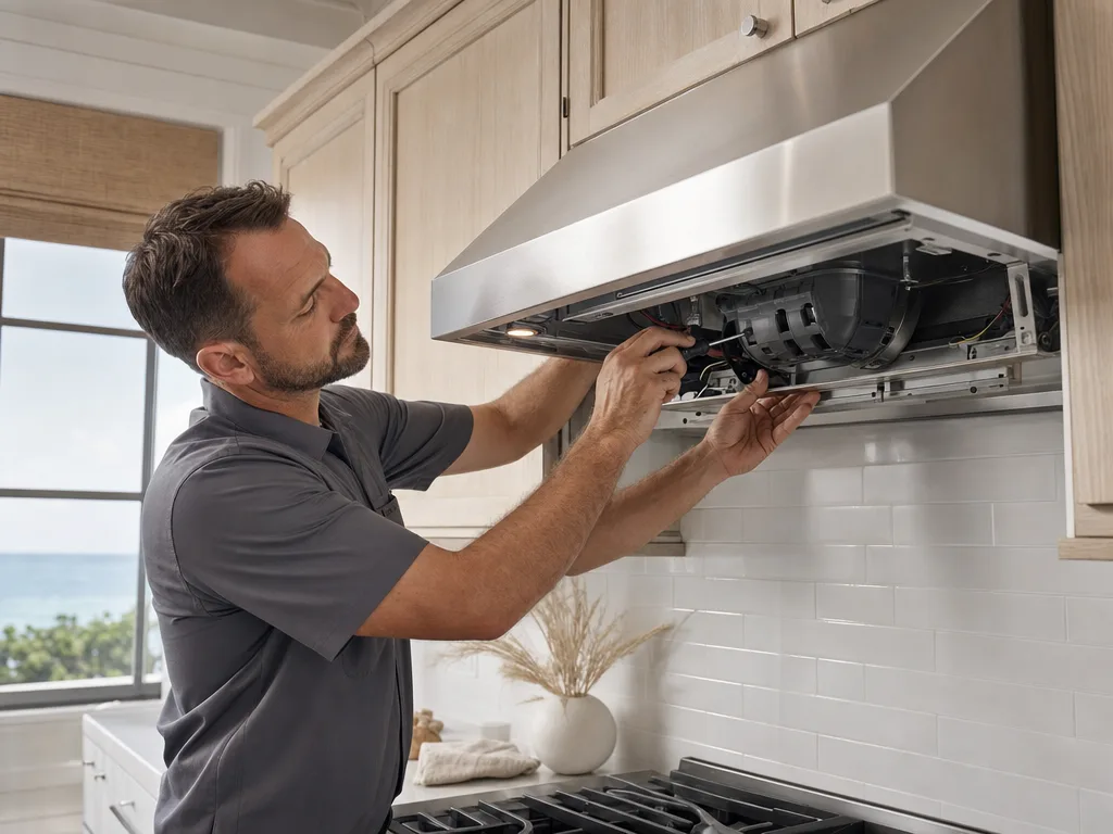 Technician servicing a Miele range hood's motor with the grille removed in a Los Angeles kitchen