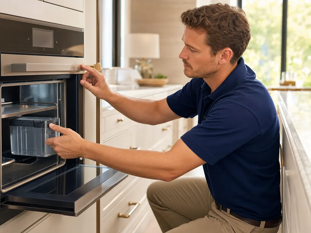 Technician testing a Miele steam oven's water reservoir and control panel in a Los Angeles kitchen