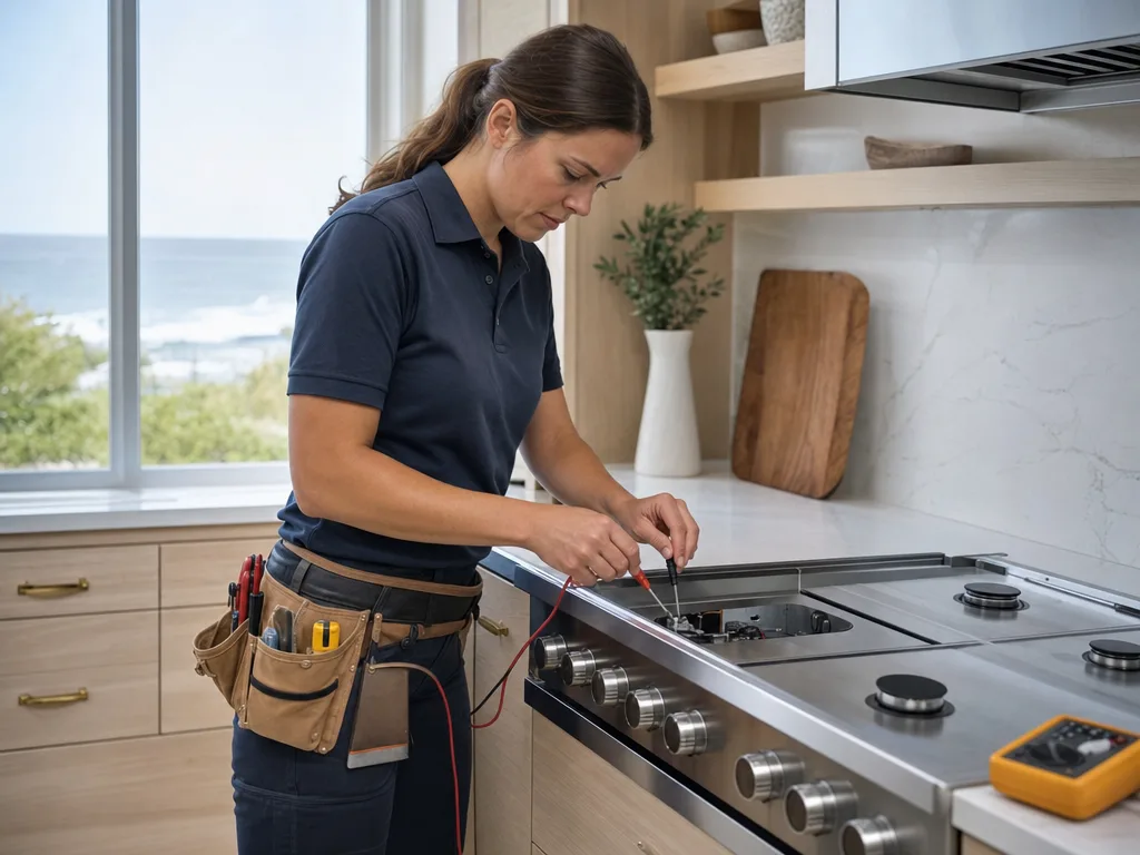 Technician testing a Miele range's igniter with the burner grate removed in a Los Angeles kitchen