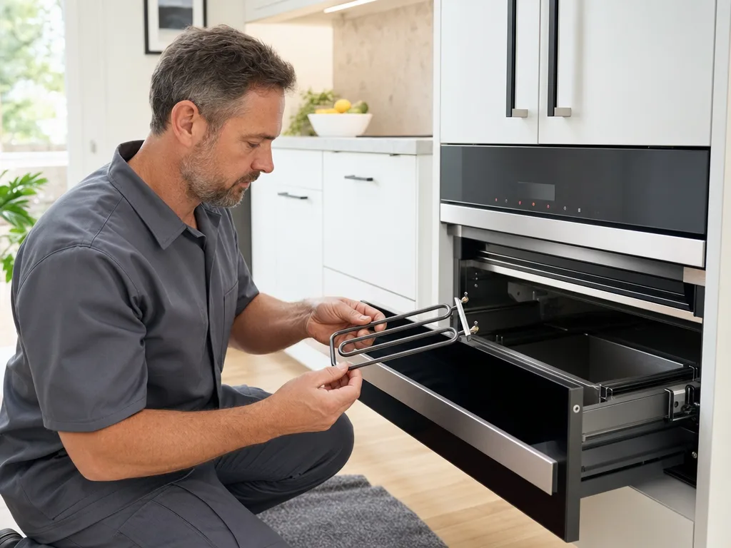 Technician inspecting a Miele warming drawer's heating element, drawer pulled open in a Los Angeles kitchen