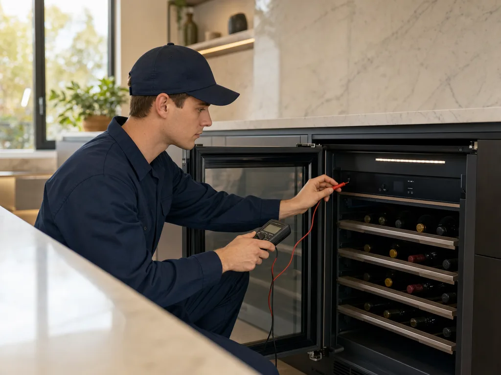 Technician testing a Miele wine cooler's temperature control panel with the door open in a Los Angeles kitchen