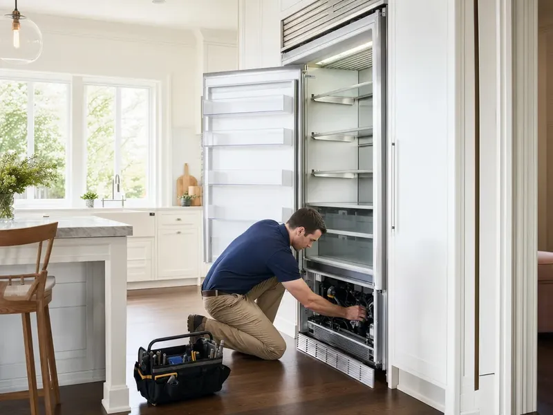 Technician servicing an open built-in Sub-Zero refrigerator in a Los Angeles kitchen