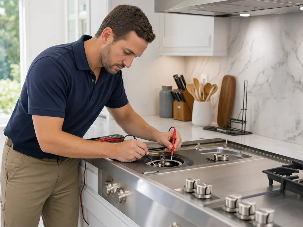 Technician testing a Thermador cooktop's igniter with the burner cap removed in a Los Angeles kitchen