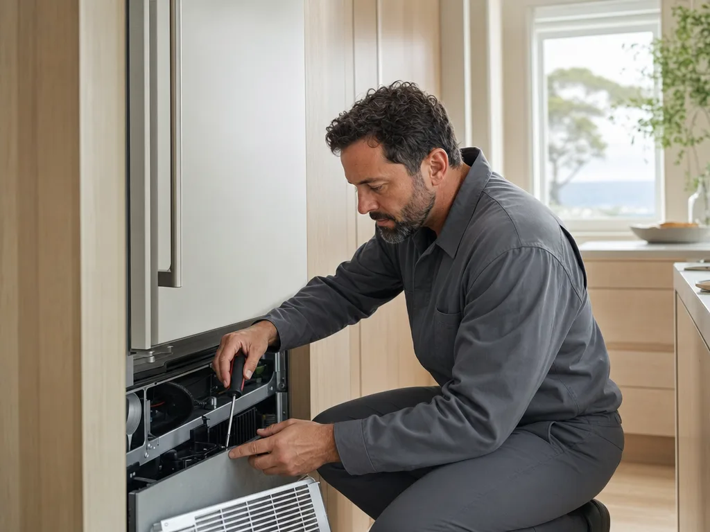 Technician inspecting a Thermador freezer column with the front grille removed in a Los Angeles kitchen