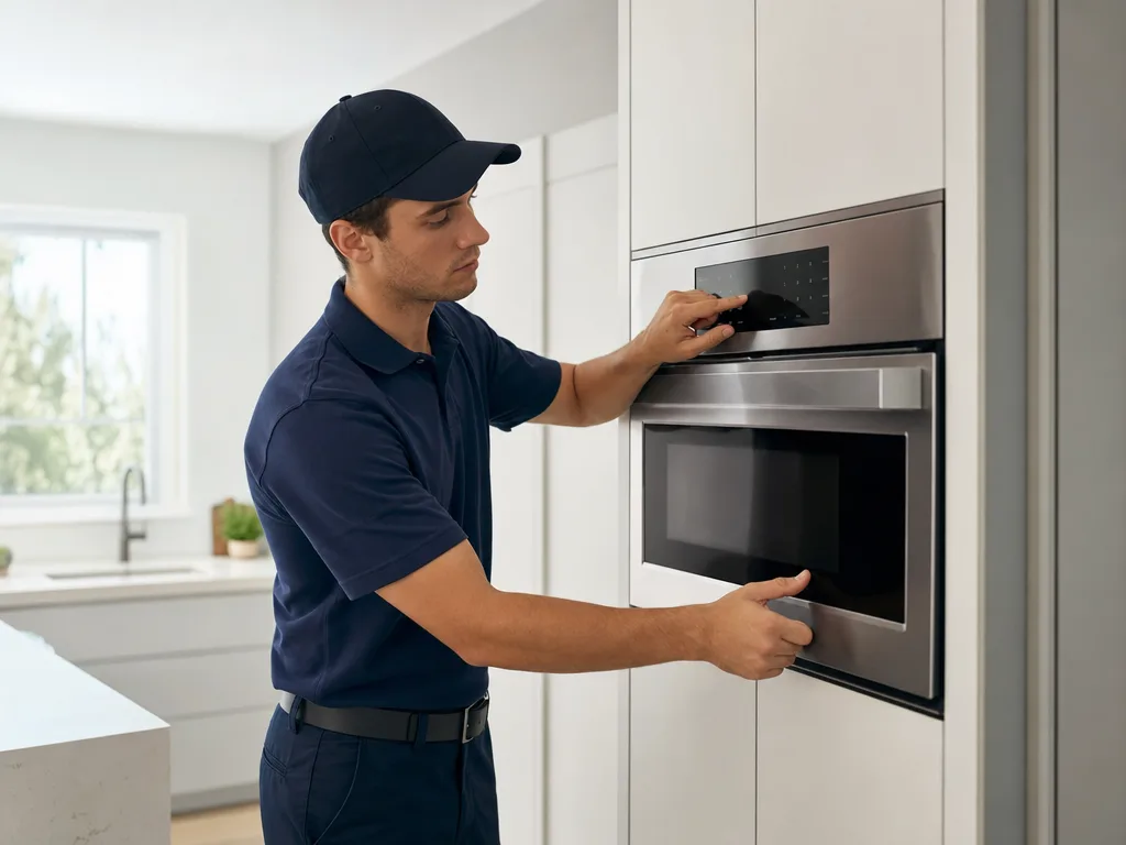 Technician testing a Thermador built-in microwave's control panel and door latch in a Los Angeles kitchen