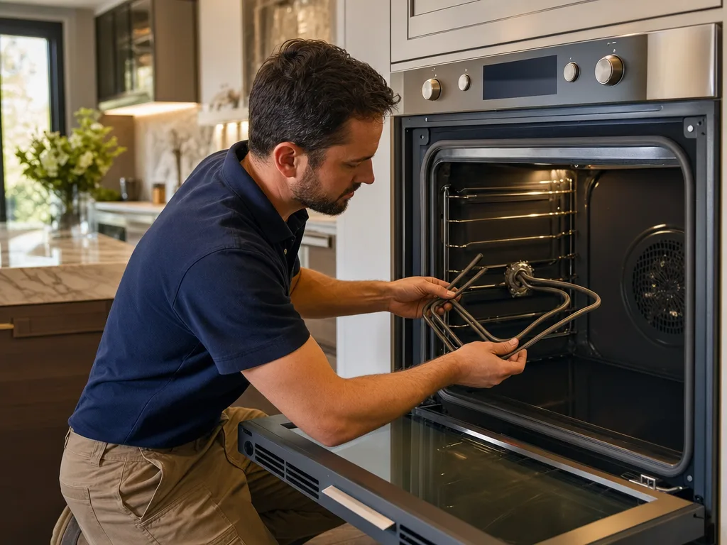 Technician inspecting a Thermador wall oven's heating element with the door open in a Los Angeles kitchen