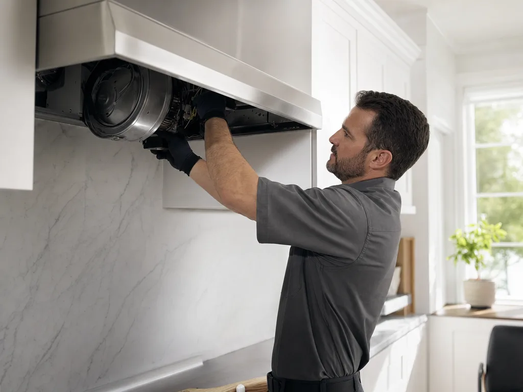 Technician servicing a Thermador range hood's motor with the grille removed in a Los Angeles kitchen