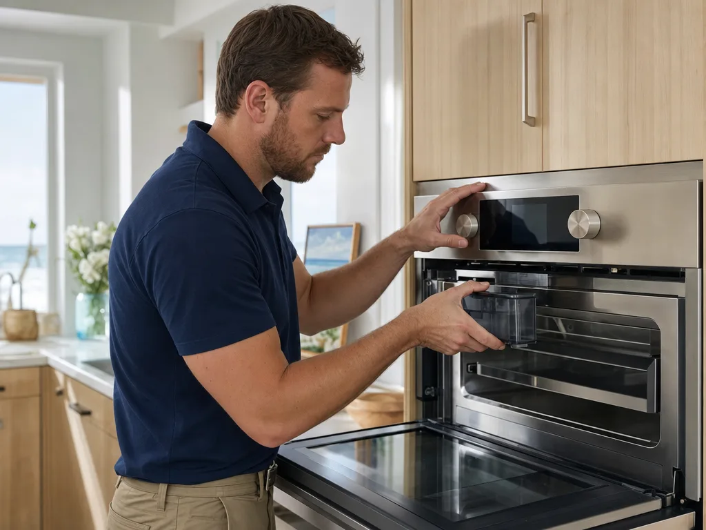 Technician testing a Thermador steam oven's water reservoir and control panel in a Los Angeles kitchen