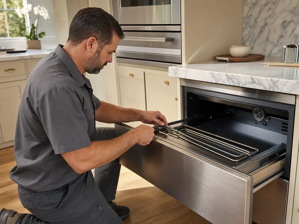 Technician inspecting a Thermador warming drawer's heating element, drawer pulled open in a Los Angeles kitchen
