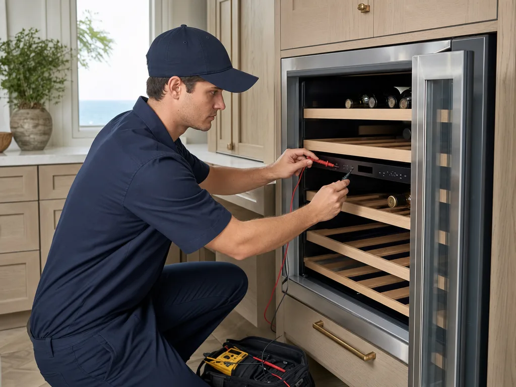 Technician testing a Thermador wine cooler's temperature control panel with the door open in a Los Angeles kitchen